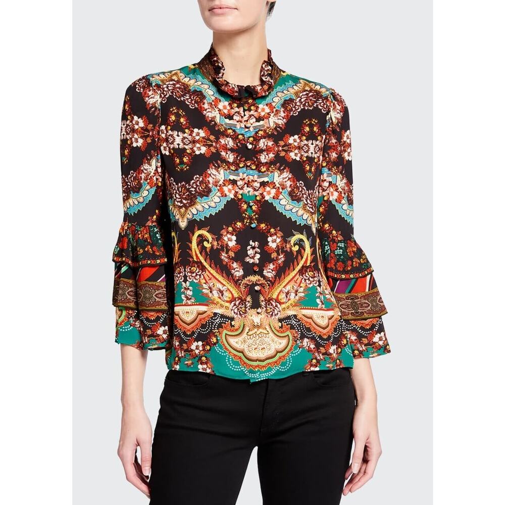 Alice and Olivia Liberty Printed Button-Front Tiered Ruffled Blouse Small - Picture 4 of 13